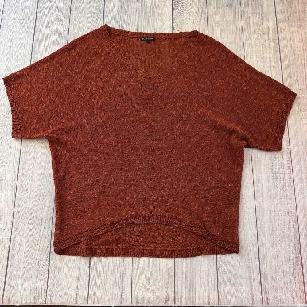 Eileen Fisher Saffron Red Melange Linen Grain Oval Sweater Size Small Women's